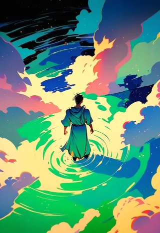 Silhouette of a person in a translucent robe walking amidst swirling, vibrant colors with a surreal and fantastical digital painting style.