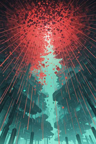 Closeup view of a cyberpunk-inspired abstract scene with dramatic lighting, featuring red squares raining down over dark green futuristic structures.