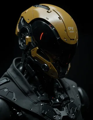 Close-up of a mech-warfare commander wearing a dual-layered golden polymer exoshell helmet with a high-gloss black visor featuring a single red slit, dressed in a dark armored suit with ballistic weave cape.