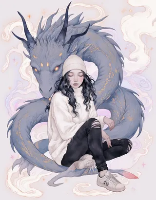 A digital illustration featuring a serene girl wearing a white beanie and oversized sweater sitting peacefully with her eyes closed, intertwined with a large blue-gray dragon with glowing eyes and sharp horns, surrounded by a soft pastel background with mystical swirls and sparkles.
