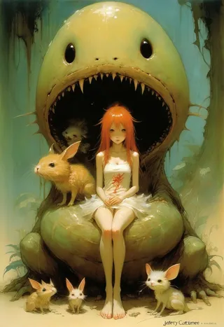 A kawaii scene featuring a girl with bright orange hair in a white dress sitting in front of a large, round, green creature with a wide mouth and sharp teeth, surrounded by several small, cute bunny-like animals.