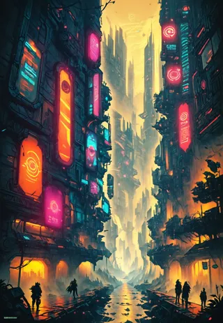 A cyberpunk futuristic cityscape at night illuminated by vibrant neon lights in pink, orange, and blue, with towering skyscrapers under heavy steam, featuring silhouettes of people walking in the misty street below.