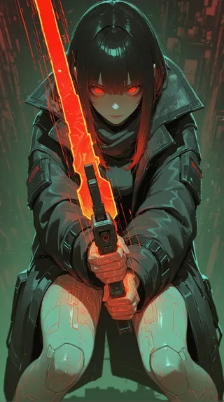 A cyberpunk woman with glowing red eyes holding a bright orange energy blade in front of her, dressed in a fashion-forward black coat, set against a glitch art-filled cyberpunk war zone background with static noise bloom.