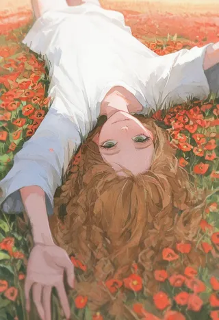 Watercolor-style illustration of a redhead girl with green eyes and braids lying upside-down in a field of red poppies, wearing a white oversized t-shirt and reaching toward the viewer.