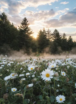 A tranquil daisy field surrounded by an evergreen forest at sunrise with soft mist rising above the flowers and warm sunlight shining through the trees.