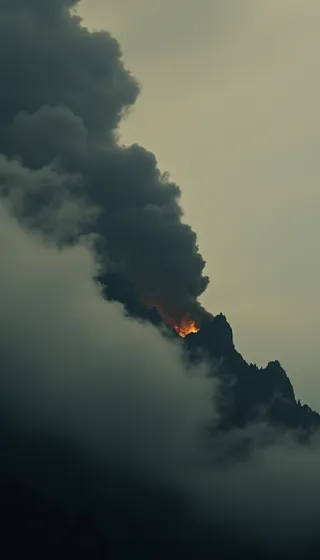 A volcano erupting with glowing lava and thick dark smoke rising against a muted gray sky, shrouded partially by surrounding clouds.