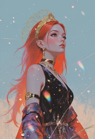 Portrait of a princess with flowing bright red hair, wearing a golden crown and jewelry, dressed in a black gown, against a soft blue sky with ethereal sparkles.