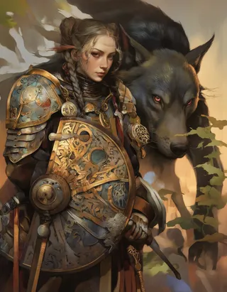 Digital illustration of a female warrior with braided hair and detailed ornate armor, holding a celtic shield, standing alongside a large wolf with glowing red eyes in a warm gradient background.