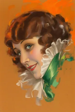 Portrait of a woman with voluminous curls and a warm smile, wearing a decorative white and green ruff collar against an earthy orange background.