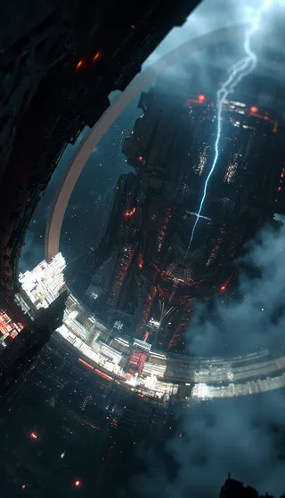 Dark futuristic cityscape inside a large cylindrical structure with glowing red lights, clouds, and a striking bolt of lightning illuminating the scene.