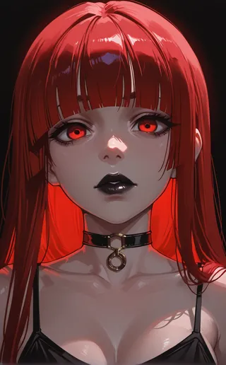 A digital portrait of a woman with vibrant red hair, glowing red eyes, black lipstick, and a black choker. The image features volumetric lighting and a dark background in a cyberpunk-inspired arcane poster style.