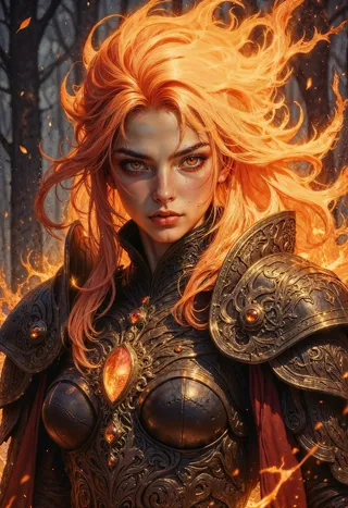 A female warrior stands in a dark forest, her vibrant fiery hair flowing wildly. She wears intricately detailed dark metal armor with golden accents and a glowing jewel in the chest. Her glowing orange eyes match the flames surrounding her.