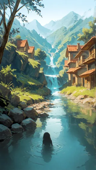 A painterly nature scenery shows a lone silhouette girl standing in a clear creek flowing through a lush mountain village with waterfalls and hills.