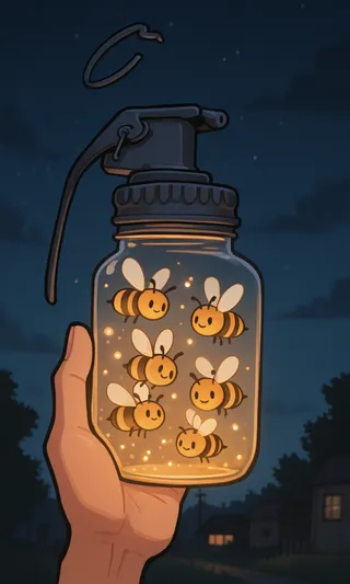 Hand holding glowing jar filled with happy cartoon bees flying inside at night outdoors.