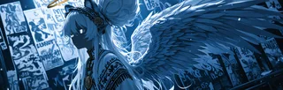 Anime girl with white hair, black skin and glowing white eyes wearing tribal poncho and feather headdress with large angel wings and golden halo in a monochrome blue graffiti background