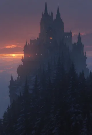 A majestic fantasy castle silhouette atop a forested mountain during warm sunset with dramatic clouds and volumetric lighting.
