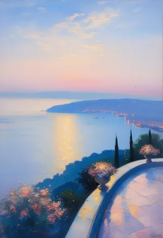 Oil painting of a Bosphorus landscape at sunset during blue hour with impressionist brushstrokes and textured canvas, showing Istanbul's bustling area and a hilltop terrace.