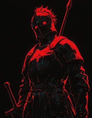 A knight wearing medieval armor and helmet outlined in red neon silhouette style against a black background, holding a weapon with a retro sci-fi art influence.