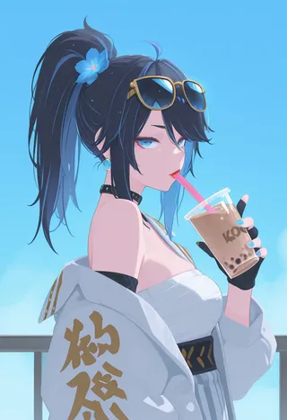 Anime-style illustration of VTuber Kson with blue hair tied in a ponytail adorned with a blue flower, wearing sunglasses on her head, a choker, and striped dress, drinking bubble tea through a pink straw against a clear blue sky.