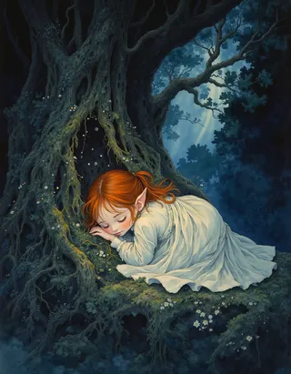 A delicate elf girl with red hair sleeps peacefully curled up at the base of an ancient gnarled tree under moonlight in a dark fairytale setting.