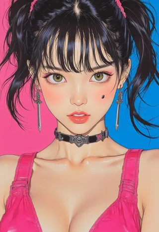 Ultra-realistic anime-style woman with green eyes, twin buns hairstyle with pink streaks, sword-shaped earrings, choker necklace, glossy skin, and a vivid pink and blue background.