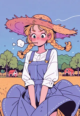 Flat vector illustration of a farm girl with blonde twintail braids wearing a straw hat, blushing with freckles, standing in a windy grain field with trees and barns in the background.
