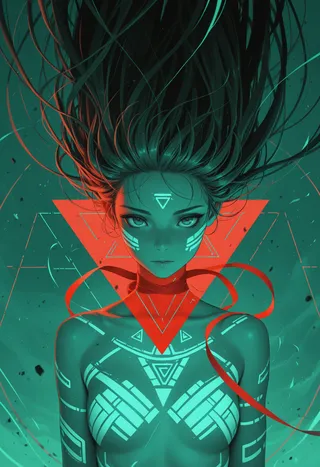 Close-up of a tribal scifi female character with geometric white patterns on teal skin, surrounded by dynamic red ribbons and a red triangle background.