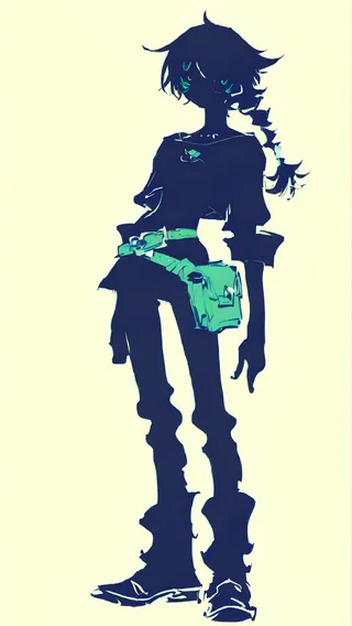 Stylized silhouette of a girl with a belt pouch and braided hair in partial color on a light background