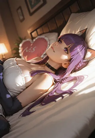 Photorealistic portrait of a werecat girl with purple hair and cat ears lying on a bed in a Valentine-themed bedroom with heart-shaped pillows and dynamic warm lighting.