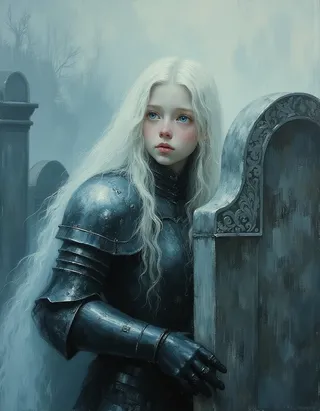 A ghostly young female knight in weathered medieval plate armor with long white hair and bright blue eyes resting against an ornate gravestone in a misty graveyard.