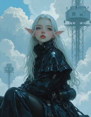 A pale elf girl with platinum white hair and silver-blue eyes wearing futuristic black armor sits on top of a tall metal radio tower above the clouds under a partly cloudy sky.