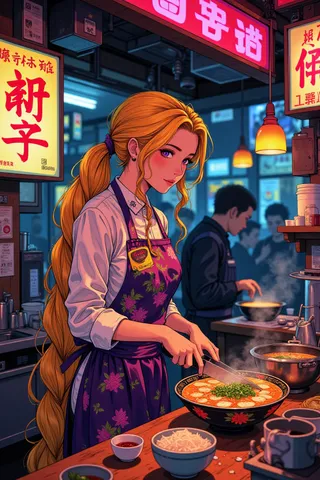 Anime-style illustration of Rapunzel with long golden hair tied back, working at a vibrant ramen stall in neon-lit Akihabara, Tokyo during the 1990s.