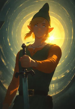 Fantasy character Link in green tunic and cap holding the master sword with dramatic volumetric lighting and a glowing circular background.