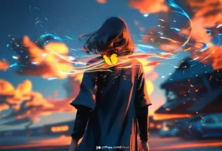 Silhouette of a girl with flowing robe amidst swirling neon lights and glowing butterfly, set against a vivid, dynamic sci-fi sky.