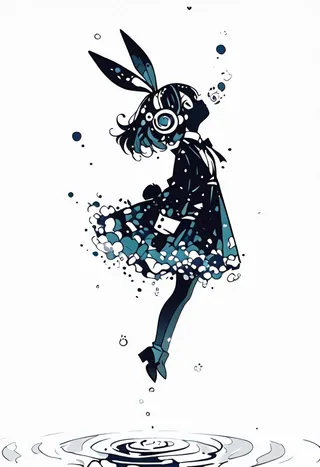 Silhouette of a mechanical bunny ear girl floating above water with ripples and bubbles in a high detail fantasy background.