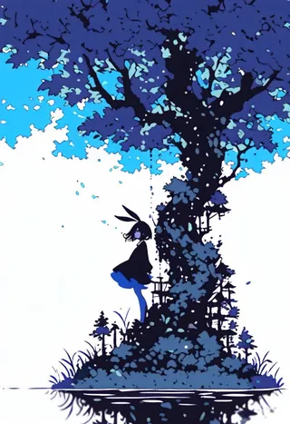 Silhouette of a bunny-eared girl standing on a swing attached to a large treehouse surrounded by blue foliage with water reflecting the scene below.