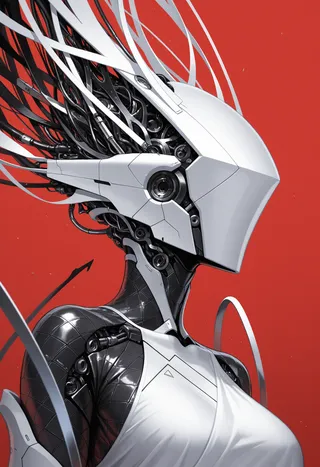 A futuristic robotic figure with a white angular helmet and black segmented body parts, dynamic white ribbons extending from the head against a vivid red background.