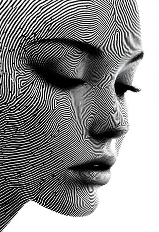 A surreal human face composed entirely of detailed black fingerprint patterns on a white background, showing closed eyes and delicate facial features formed by intricate line work.