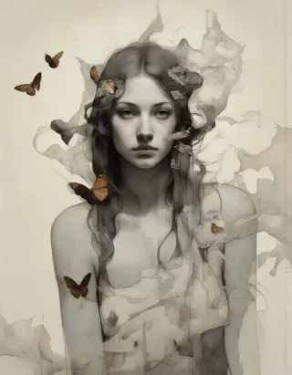Black and white portrait of a young woman with long wavy hair, serene expression, surrounded by small brown butterflies on a soft textured beige background.