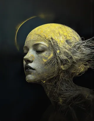 Wire-frame portrait of a woman's face with a glowing yellow halo, featuring intricate lines and textures against a dark gradient background.