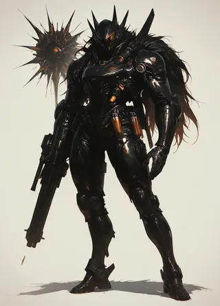 A dark armored warrior clad in sleek black and teal cybernetic suit, wielding a large futuristic gun and carrying ammunition, standing next to a spiked mace against a neutral background.