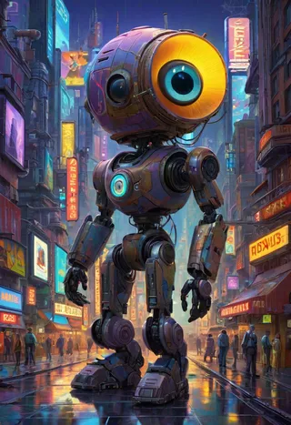 A highly detailed cybernetic robot with a large glowing robotic eye standing in a vibrant, neon-lit futuristic city street, featuring colorful reflections on wet pavement and a bustling crowd.