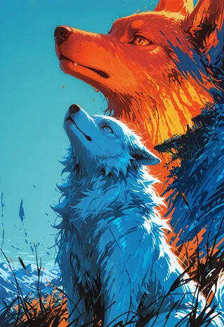 Impressionist style painting of a white wolf in blue tones looking upward with a large orange wolf silhouette in the background, showing striking color contrast and glow effects.