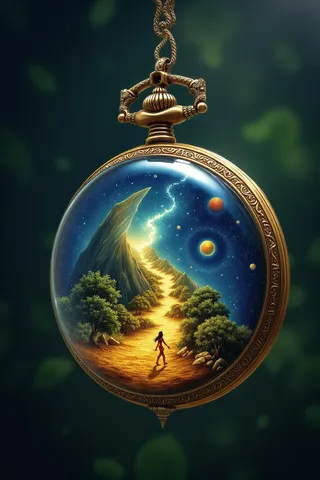 一個懸浮在空中的金色蒸汽朋克懷錶，玻璃破裂，露出內裡有行星、星星與一名沿著發光通道行走的剪影女子的微型宇宙。