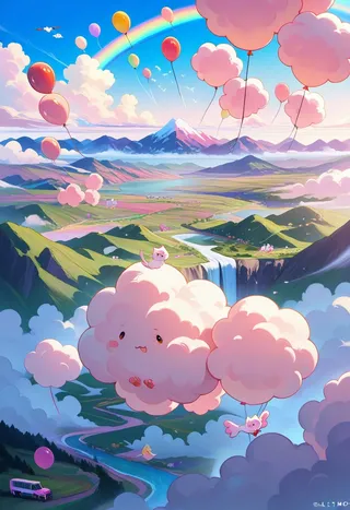 A vibrant cartoon landscape showing cotton candy clouds with a cute cat atop one cloud, colorful balloons floating, a river with a waterfall in a valley surrounded by mountains under a rainbow-filled sky.