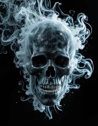 A dark skull resembling Hantu Melayu disintegrates into swirling smoke and fog against a black background, surrounded by thick volumetric fog.