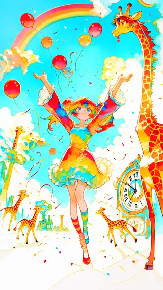 A vibrant and whimsical scene featuring a joyful girl with long multicolored hair and a colorful dress, dancing with arms raised among giraffes, balloons, and confetti beneath a bright blue sky and a large rainbow.