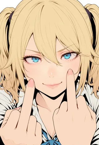 Close-up anime illustration of a blonde girl with twintails and blue eyes, showing both middle fingers with a playful and confident expression.