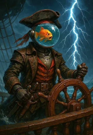 A humanoid android pirate with a transparent aquarium for a head containing a goldfish, wearing pirate clothing, gripping a ship's wooden steering wheel amidst a storm with lightning in the background.