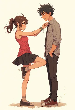 Anime style illustration of an angry woman on the left delivering a knee strike to the crotch of her boyfriend on the right, who shows a face of suffering